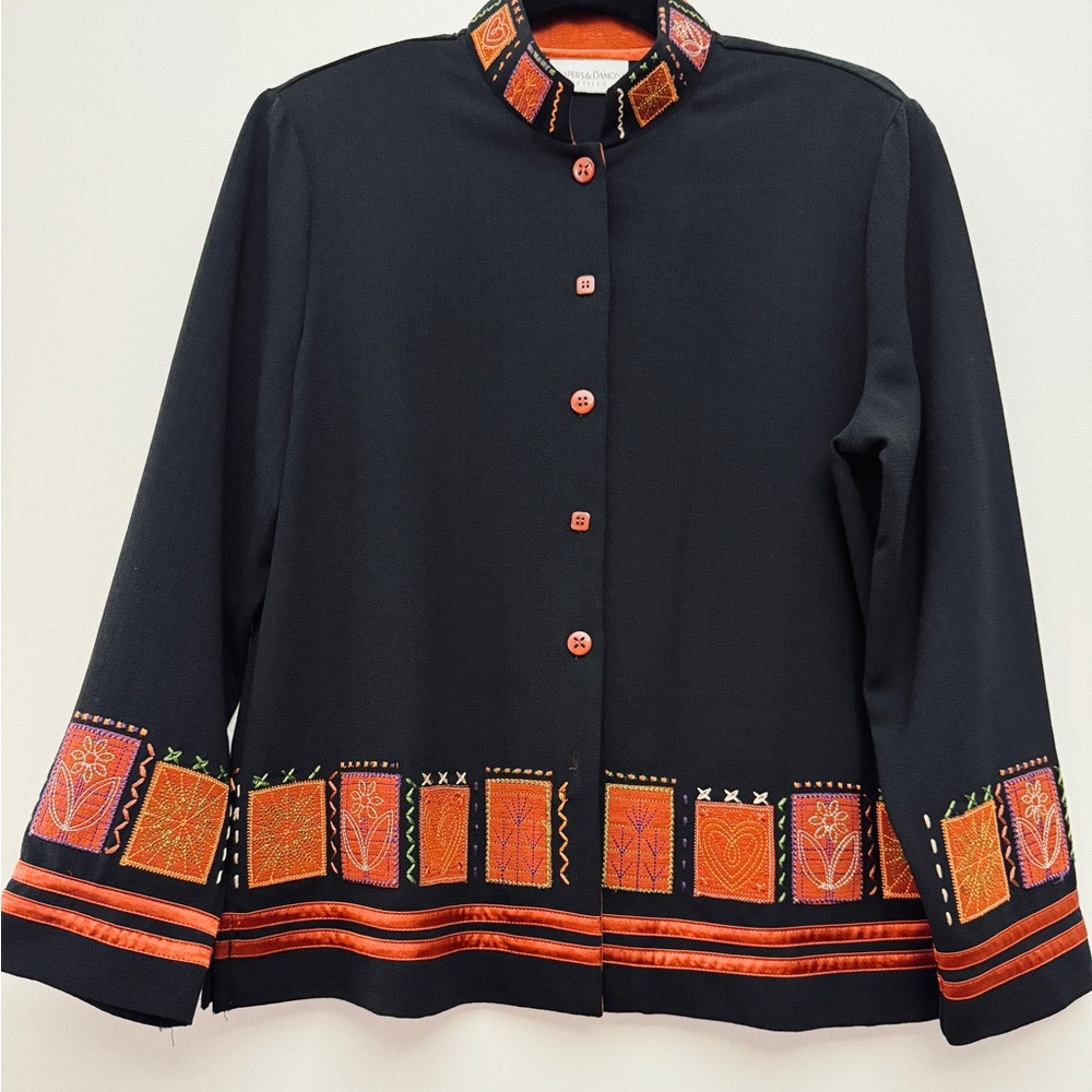 Vintage Drapers & Damons Embroidered Black Blazer with Orange Folk Art Accents